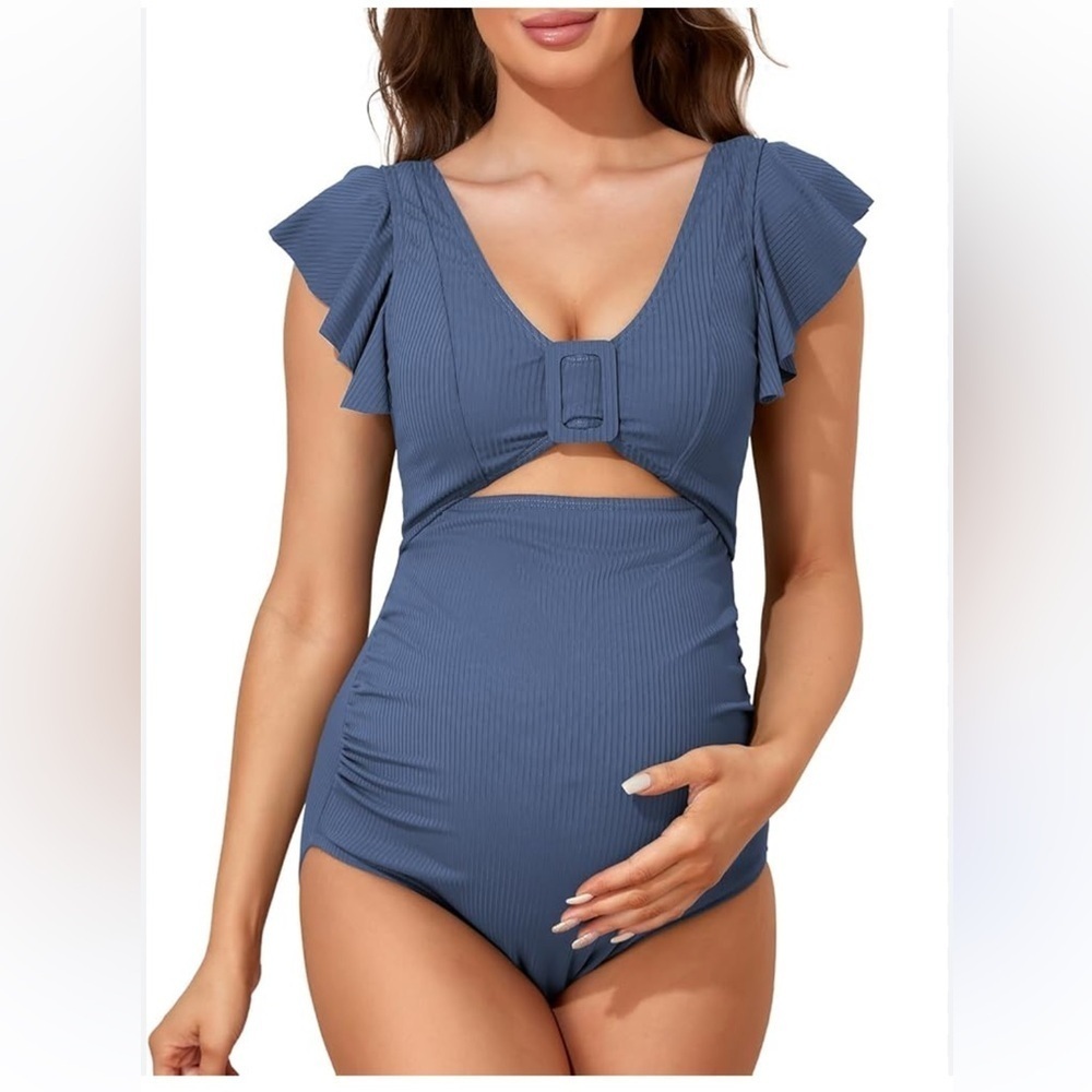 Blue Ruffle Sleeve Women Swim One Piece